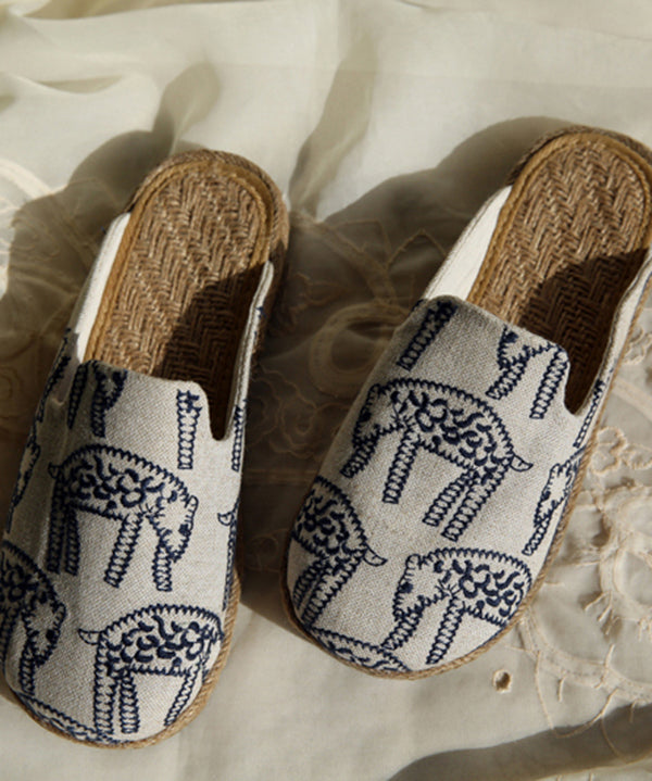 Comfortable, Embroidered Slide Sandals Made of Beige Cotton Fabric