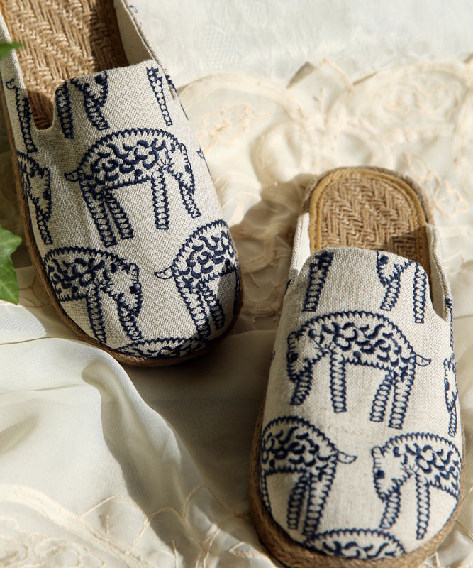 Comfortable, Embroidered Slide Sandals Made of Beige Cotton Fabric