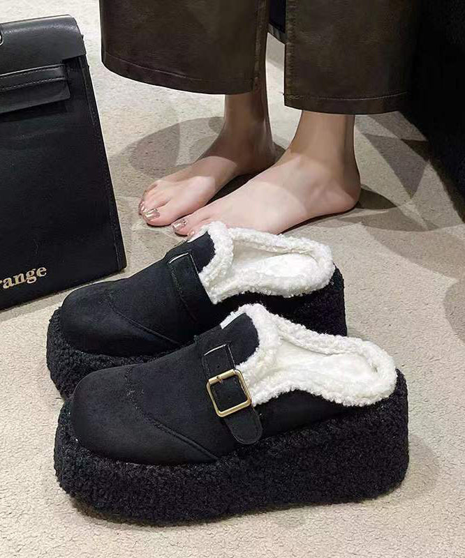 Beige Fuzzy Wool Lined Shoes Platform Wedge Shoes