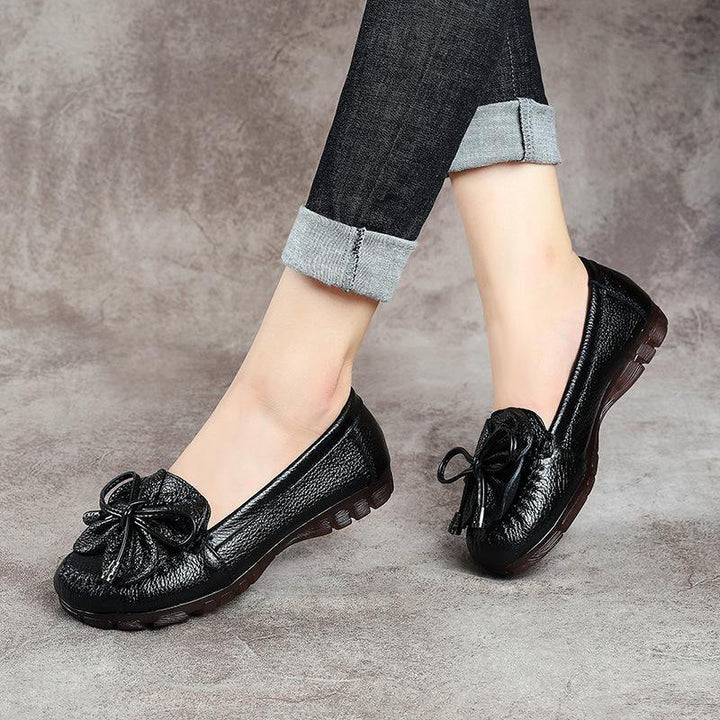 Black Bow Flat Shoes Made of Genuine Leather Handmade Flat Shoes
