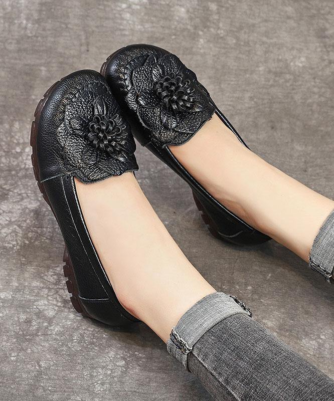 Black Bow Flat Shoes Made of Genuine Leather Handmade Flat Shoes