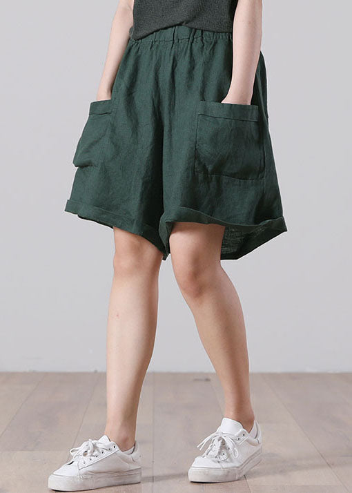 Blackish Green Pocket Patchwork Linen High-Waisted Shorts Summer