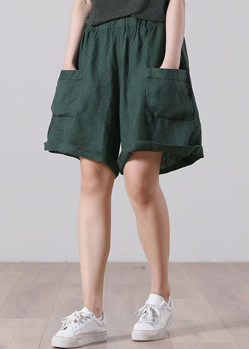 Blackish Green Pocket Patchwork Linen High-Waisted Shorts Summer