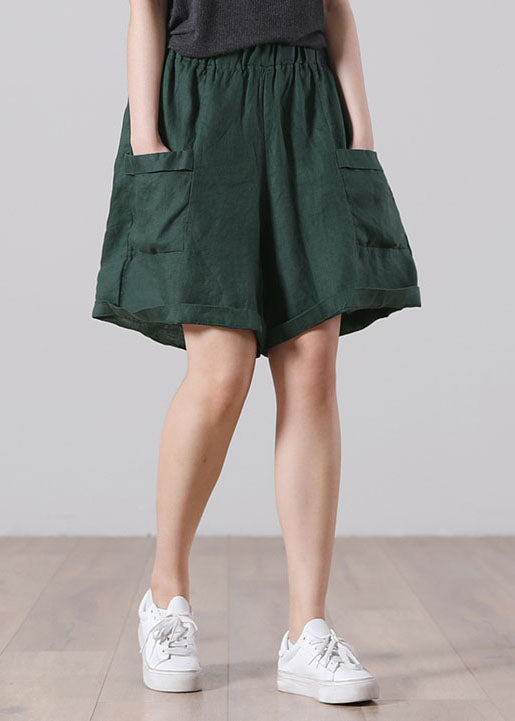 Blackish Green Pocket Patchwork Linen High-Waisted Shorts Summer