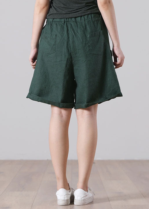Blackish Green Pocket Patchwork Linen High-Waisted Shorts Summer
