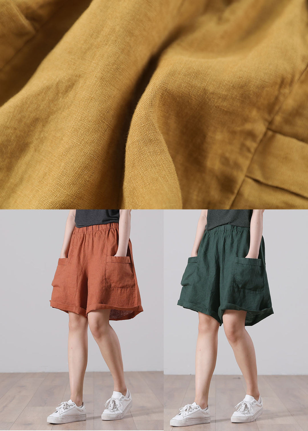 Blackish Green Pocket Patchwork Linen High-Waisted Shorts Summer