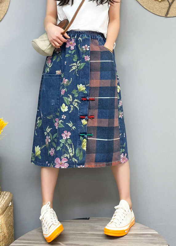 Blue Patchwork Denim Button Skirt