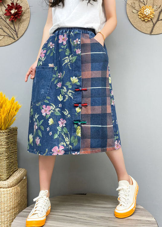 Blue Patchwork Denim Button Skirt