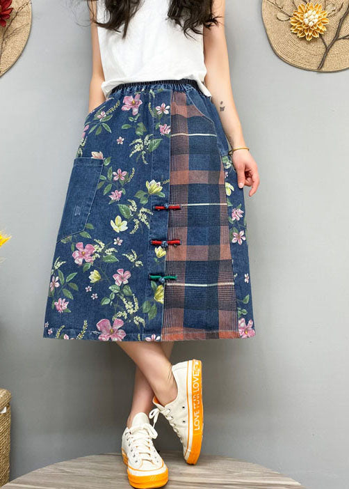 Blue Patchwork Denim Button Skirt