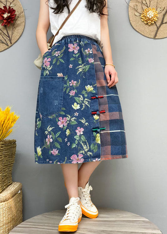 Blue Patchwork Denim Button Skirt