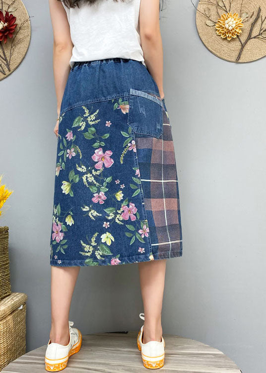 Blue Patchwork Denim Button Skirt