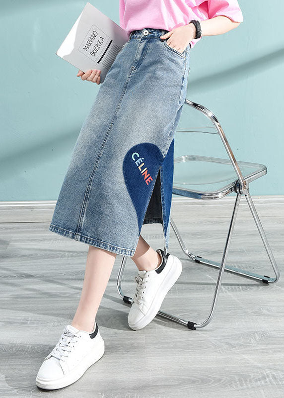 Blue Print Wrap Denim Skirt