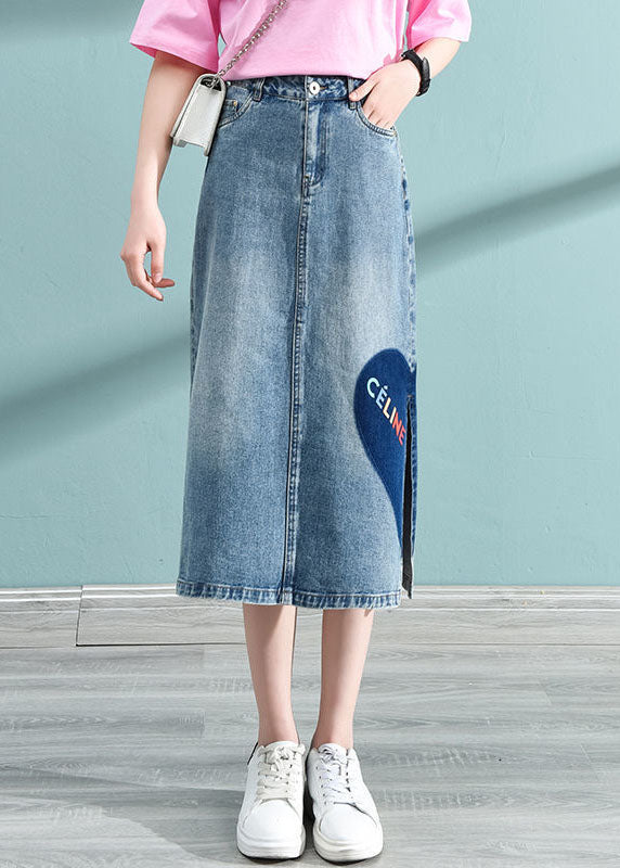 Blue Print Wrap Denim Skirt
