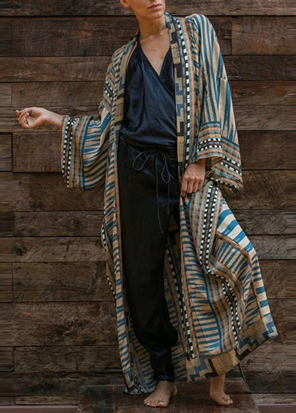Bohemian Blue Geometric Print Long Sleeve Kimono Bathrobe Mid Summer Cotton