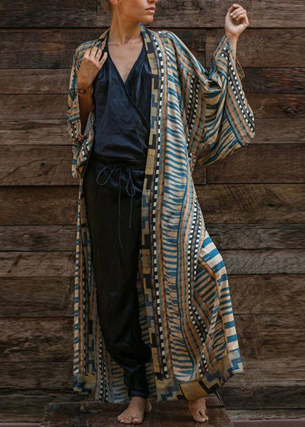 Bohemian Blue Geometric Print Long Sleeve Kimono Bathrobe Mid Summer Cotton