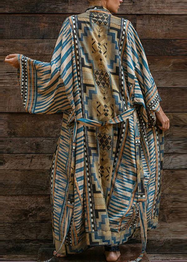 Bohemian Blue Geometric Print Long Sleeve Kimono Bathrobe Mid Summer Cotton