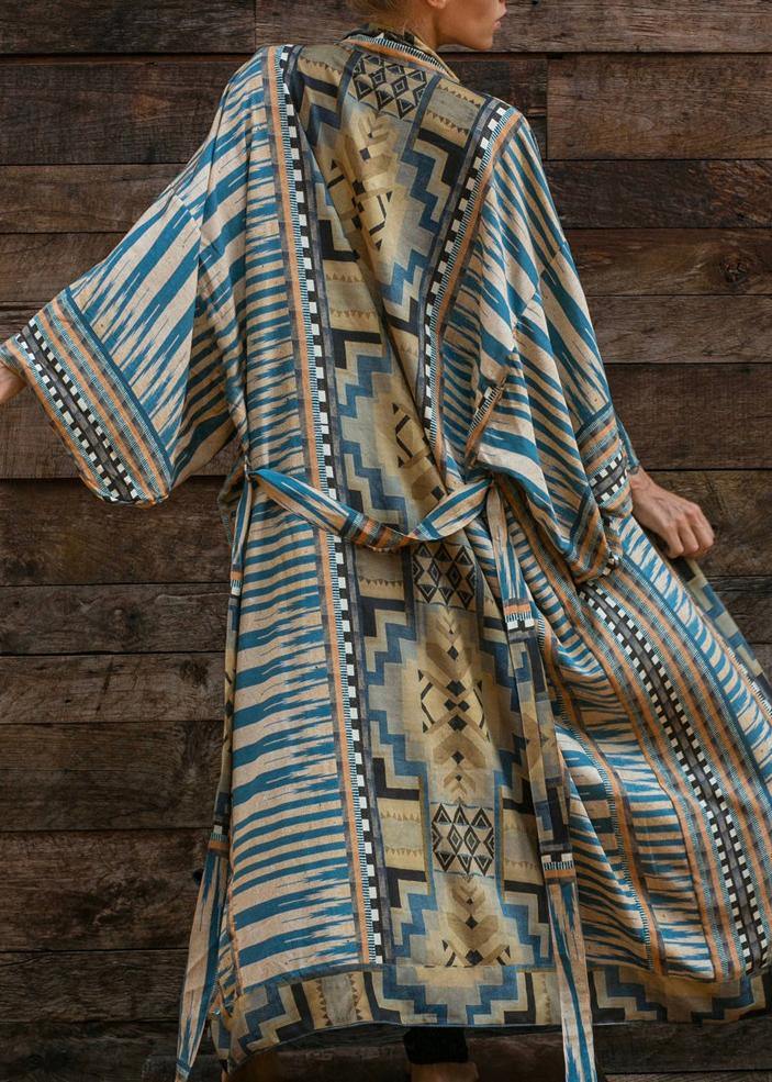 Bohemian Blue Geometric Print Long Sleeve Kimono Bathrobe Mid Summer Cotton