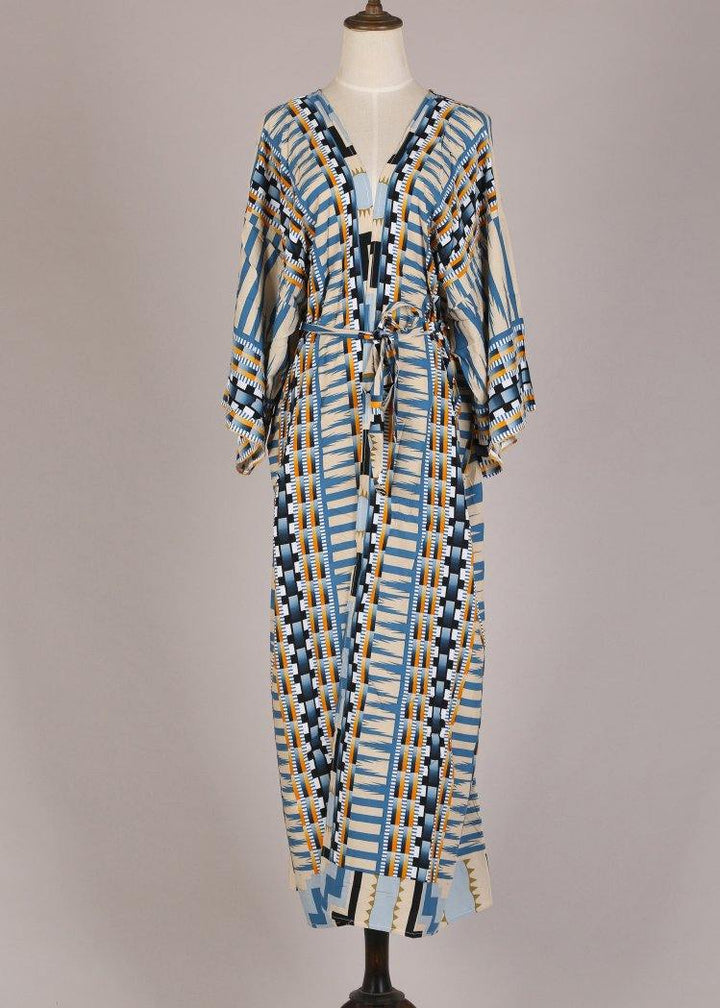 Bohemian Blue Geometric Print Long Sleeve Kimono Bathrobe Mid Summer Cotton