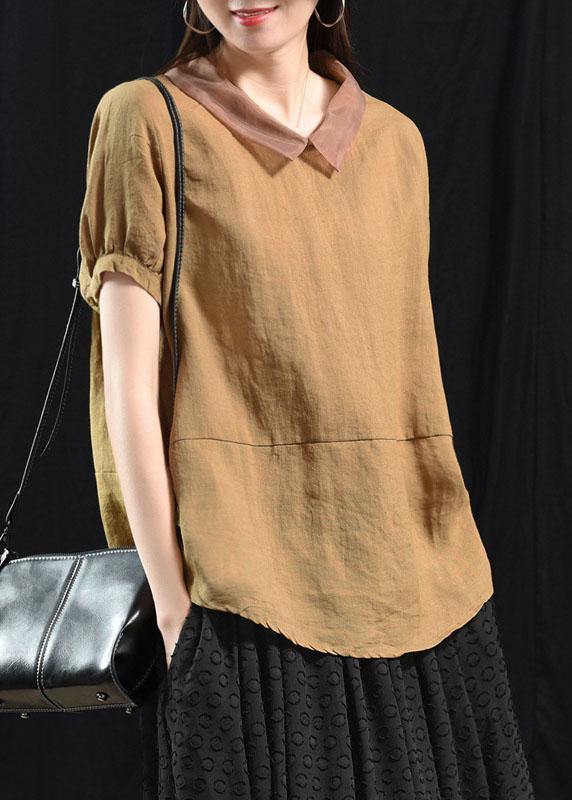 Bohemian Khaki Patchwork Collared Summer Short Sleeve Top