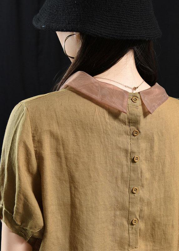Bohemian Khaki Patchwork Collared Summer Short Sleeve Top