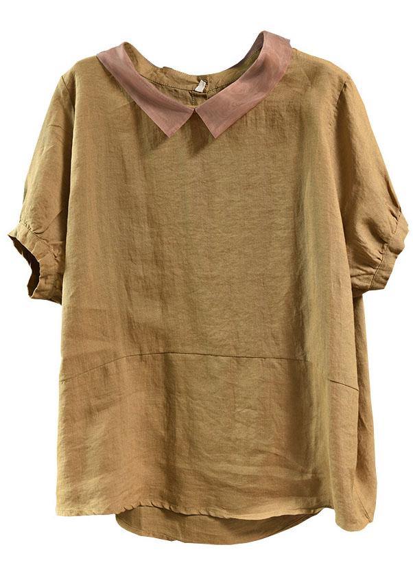 Bohemian Khaki Patchwork Collared Summer Short Sleeve Top