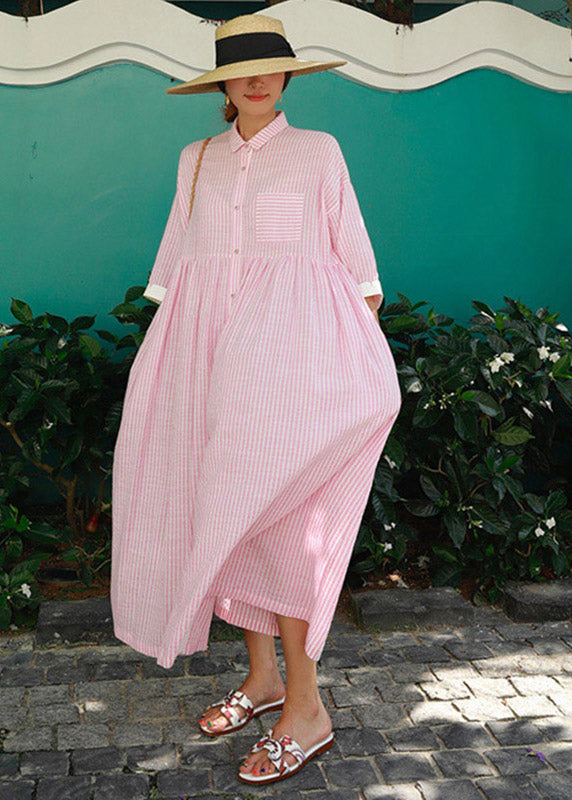 Bohemian Pink Peter Pan Collar, Striped Button Pockets, Pleated Long Dresses, Half Sleeves