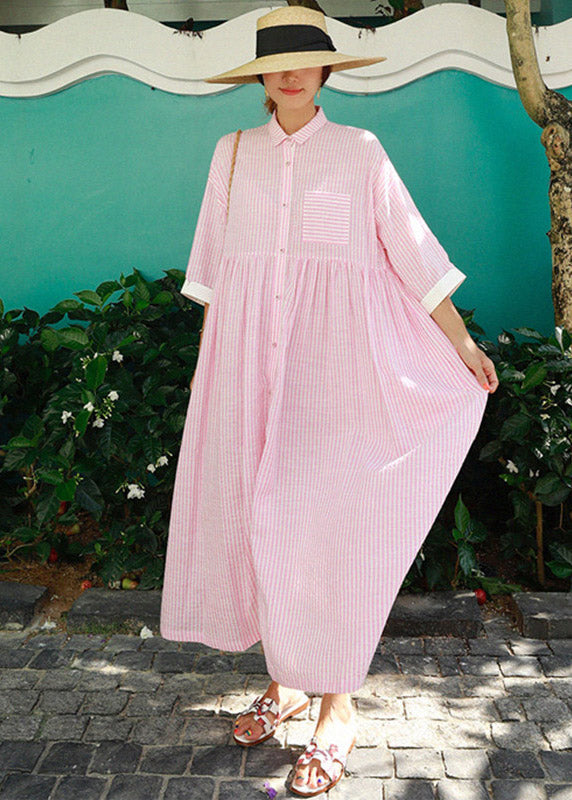 Bohemian Pink Peter Pan Collar, Striped Button Pockets, Pleated Long Dresses, Half Sleeves