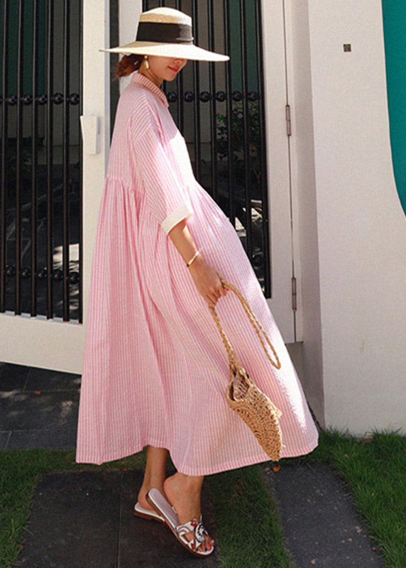 Bohemian Pink Peter Pan Collar, Striped Button Pockets, Pleated Long Dresses, Half Sleeves