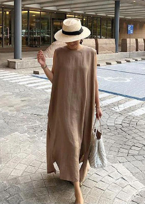 Khaki Side-Open Linen Cotton Dress