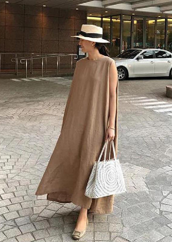 Khaki Side-Open Linen Cotton Dress