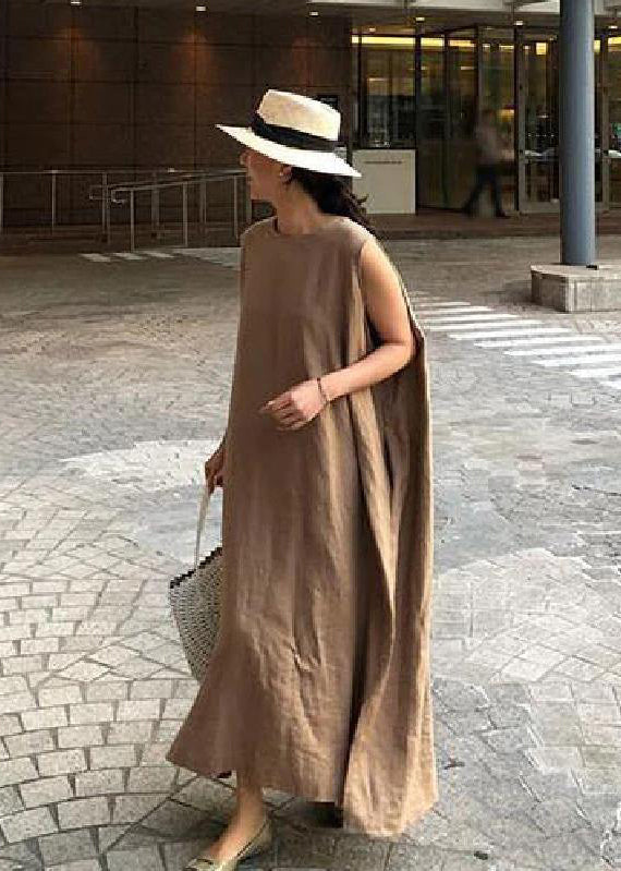 Khaki Side-Open Linen Cotton Dress