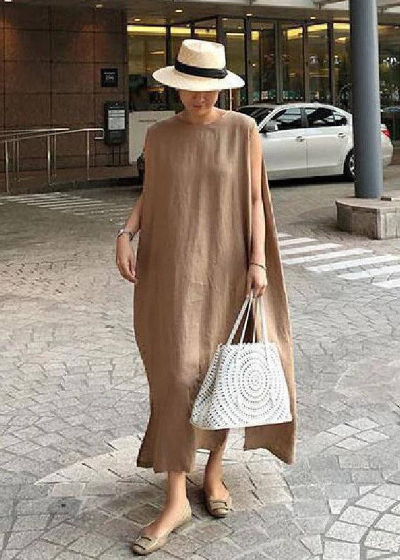Khaki Side-Open Linen Cotton Dress