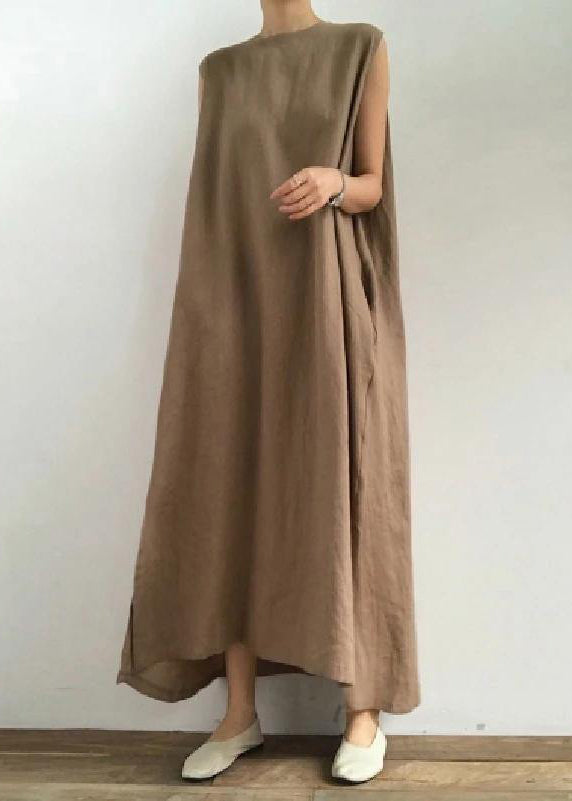 Khaki Side-Open Linen Cotton Dress