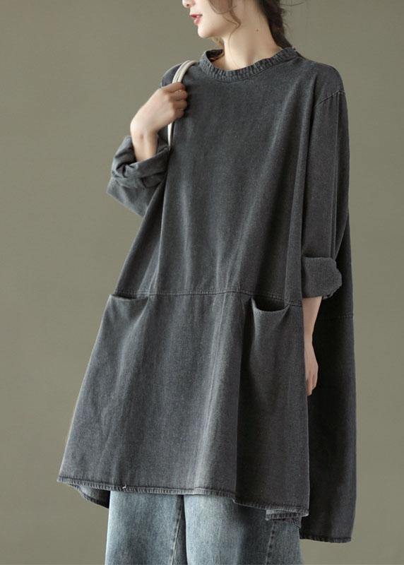Boho Black Gray O-Neck Pocket Denim Long Dresses Long Sleeve