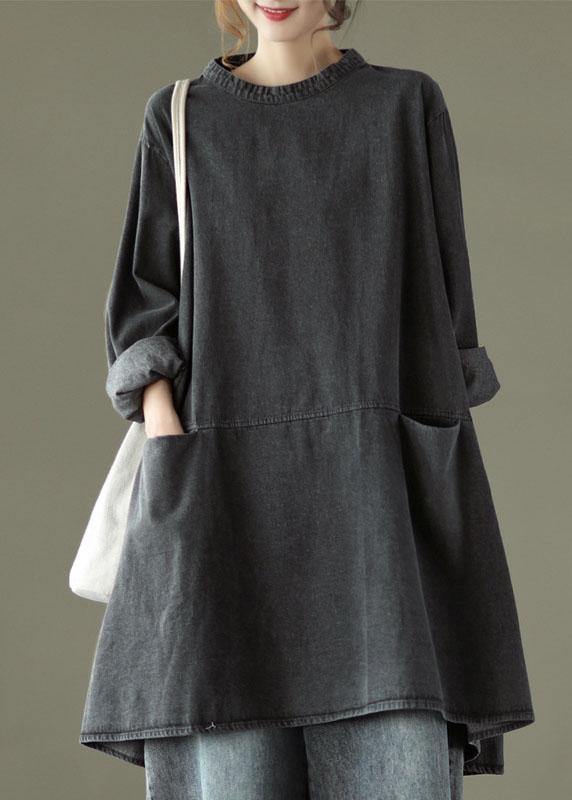 Boho Black Gray O-Neck Pocket Denim Long Dresses Long Sleeve