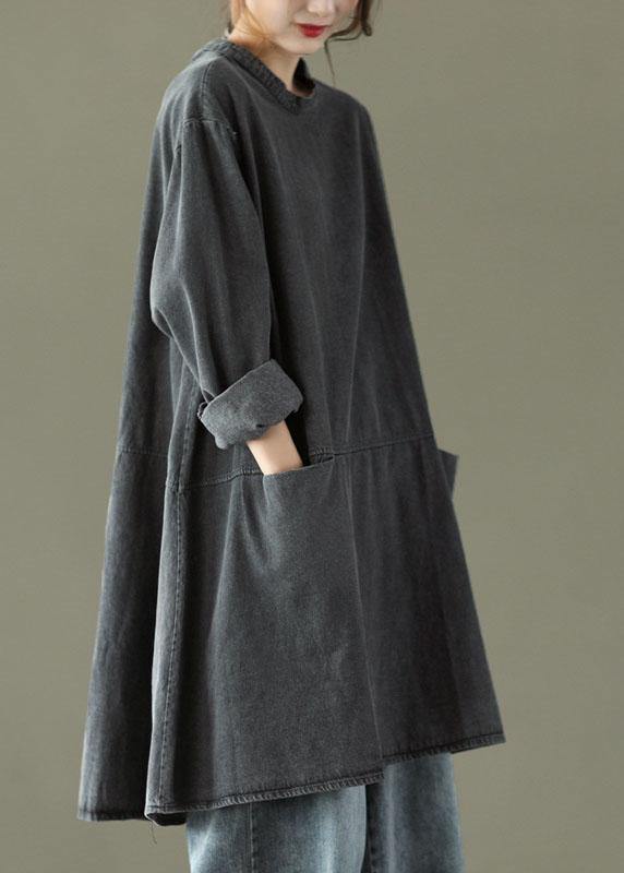 Boho Black Gray O-Neck Pocket Denim Long Dresses Long Sleeve