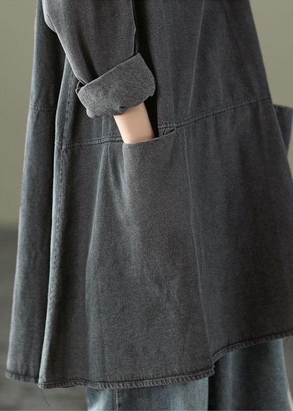 Boho Black Gray O-Neck Pocket Denim Long Dresses Long Sleeve
