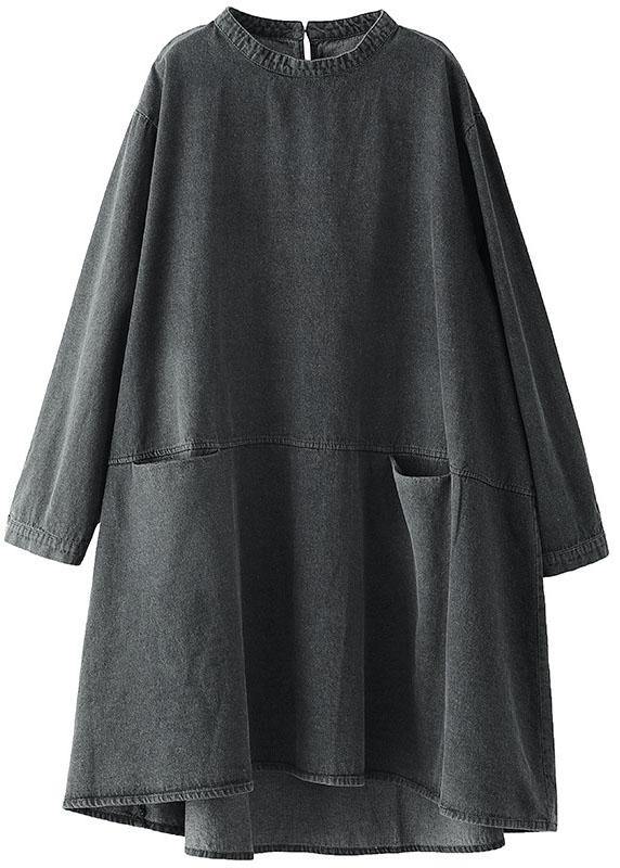 Boho Black Gray O-Neck Pocket Denim Long Dresses Long Sleeve