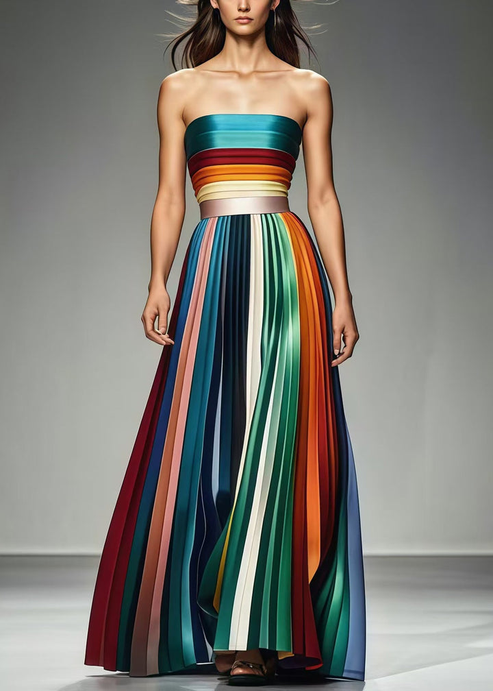 Boho Multicolor Cold Shoulder Slim Fit Chiffon Strapless Pleated Summer