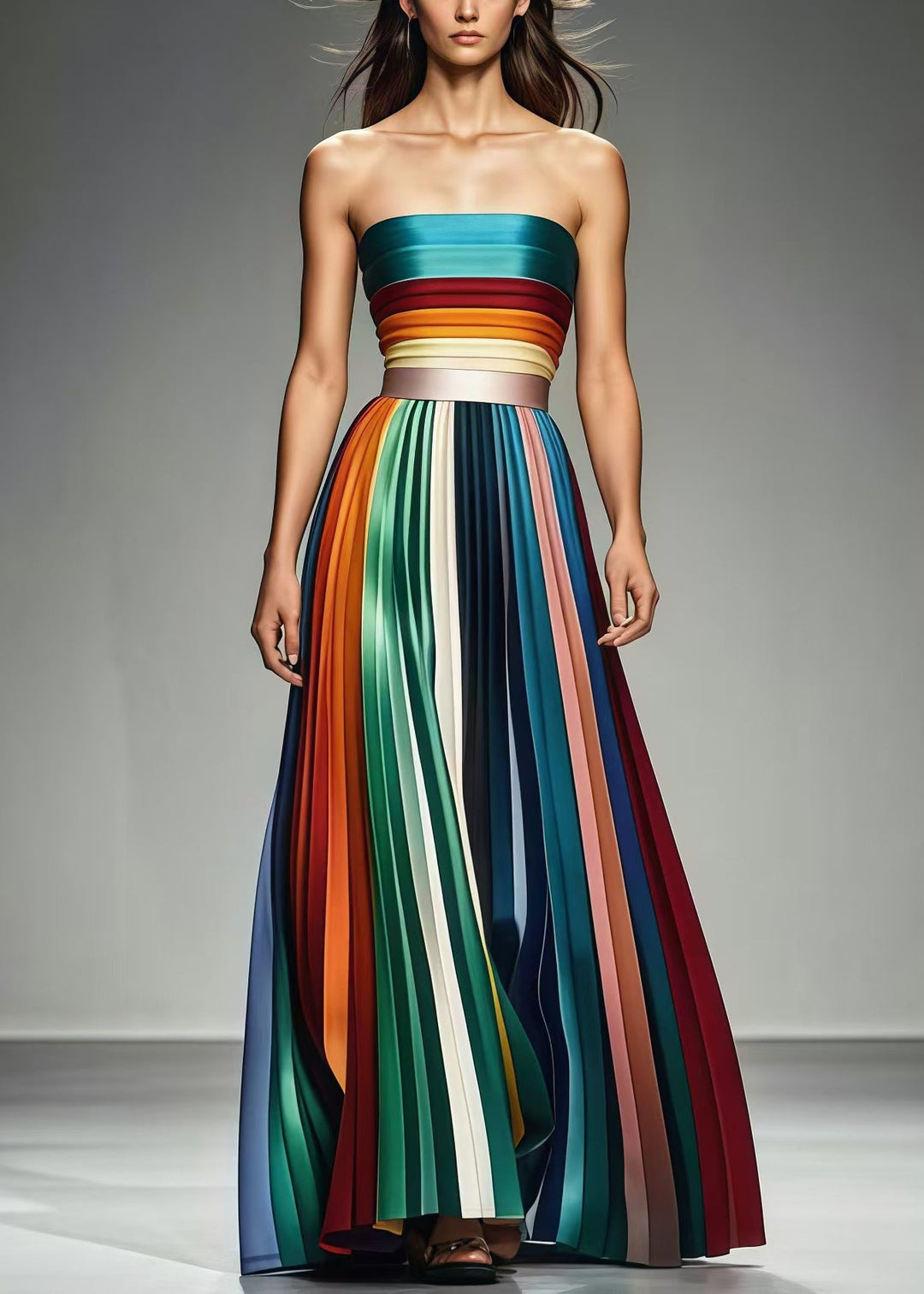 Boho Multicolor Cold Shoulder Slim Fit Chiffon Strapless Pleated Summer