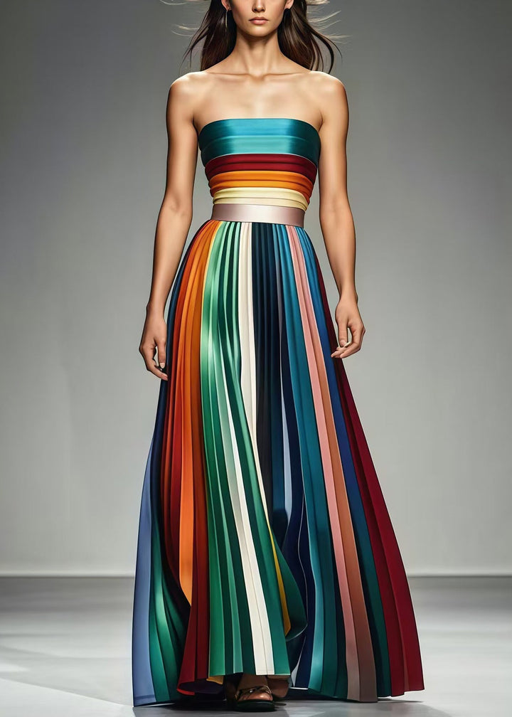 Boho Multicolor Cold Shoulder Slim Fit Chiffon Strapless Pleated Summer
