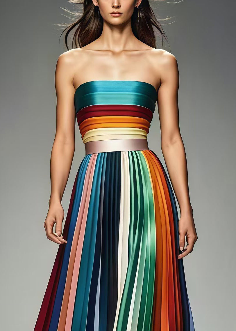 Boho Multicolor Cold Shoulder Slim Fit Chiffon Strapless Pleated Summer