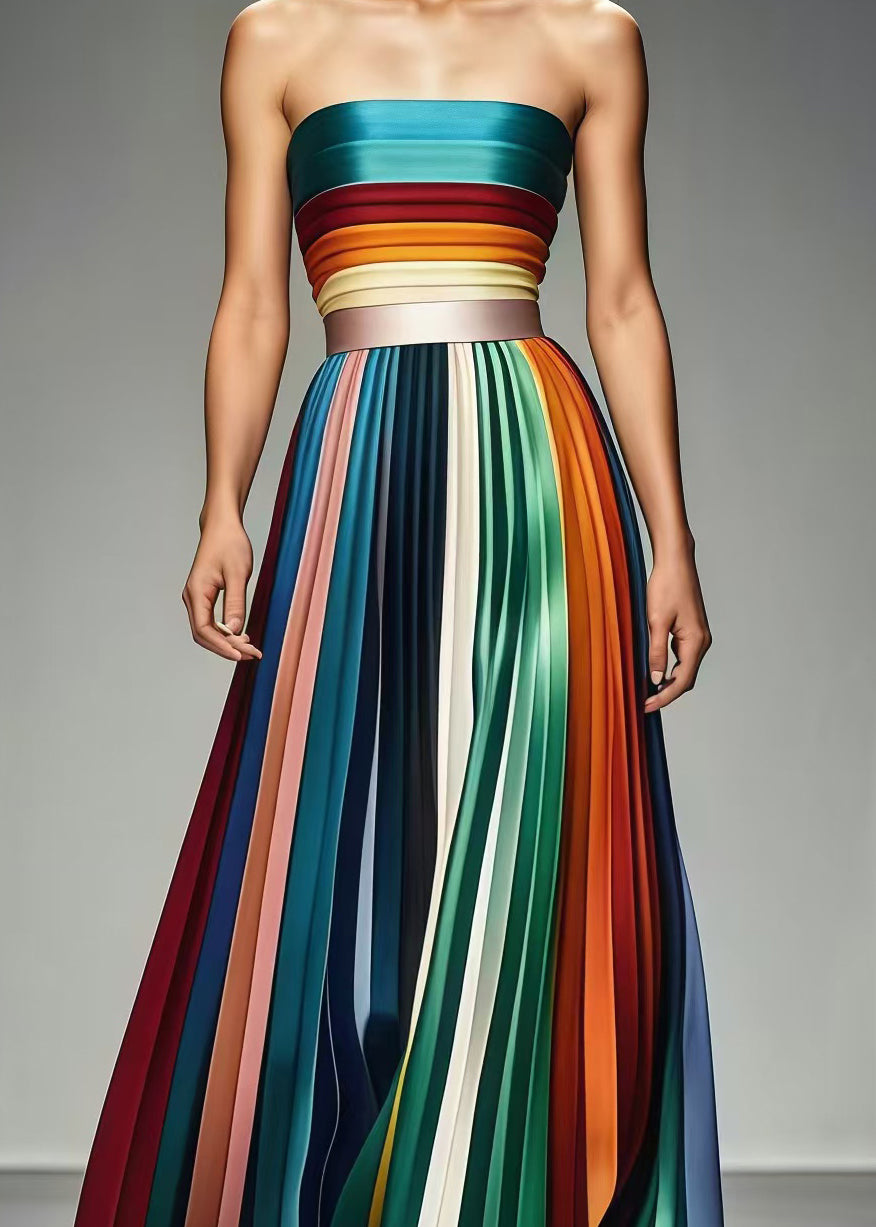 Boho Multicolor Cold Shoulder Slim Fit Chiffon Strapless Pleated Summer