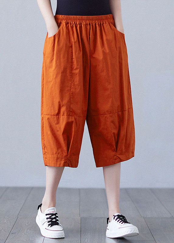 Boho Orange Elastic Waist Patchwork Pockets Solid Cotton Shorts Summer