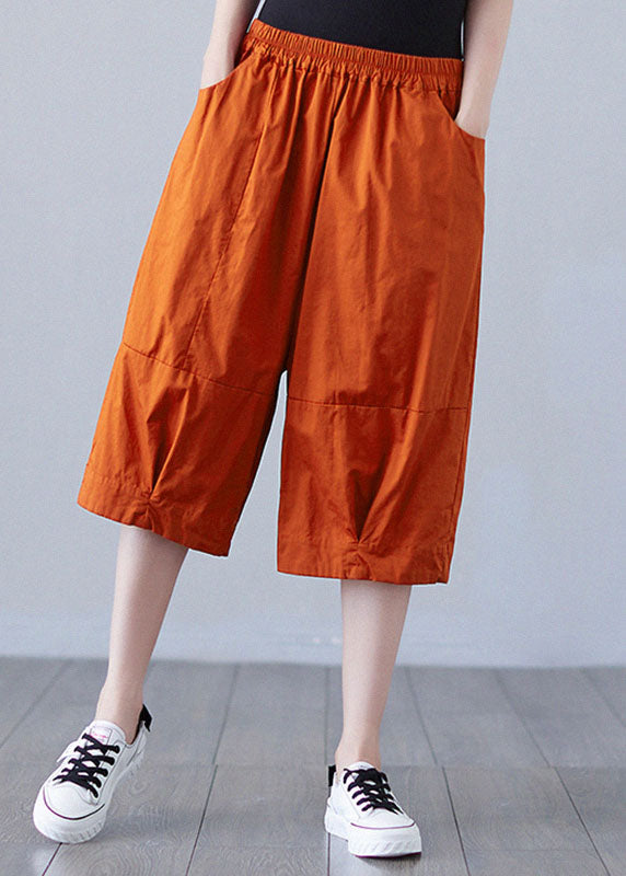 Boho Orange Elastic Waist Patchwork Pockets Solid Cotton Shorts Summer