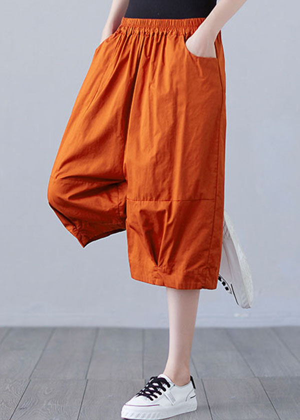 Boho Orange Elastic Waist Patchwork Pockets Solid Cotton Shorts Summer