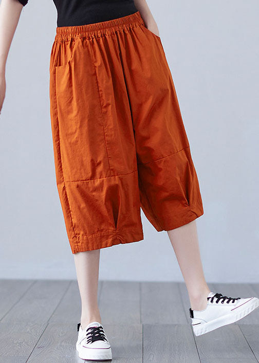 Boho Orange Elastic Waist Patchwork Pockets Solid Cotton Shorts Summer