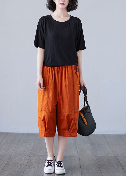Boho Orange Elastic Waist Patchwork Pockets Solid Cotton Shorts Summer