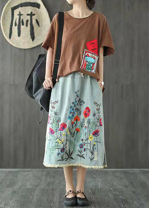 Dark Blue Embroidered Tassel Denim Skirt
