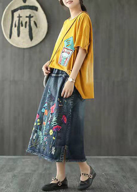 Dark Blue Embroidered Tassel Denim Skirt